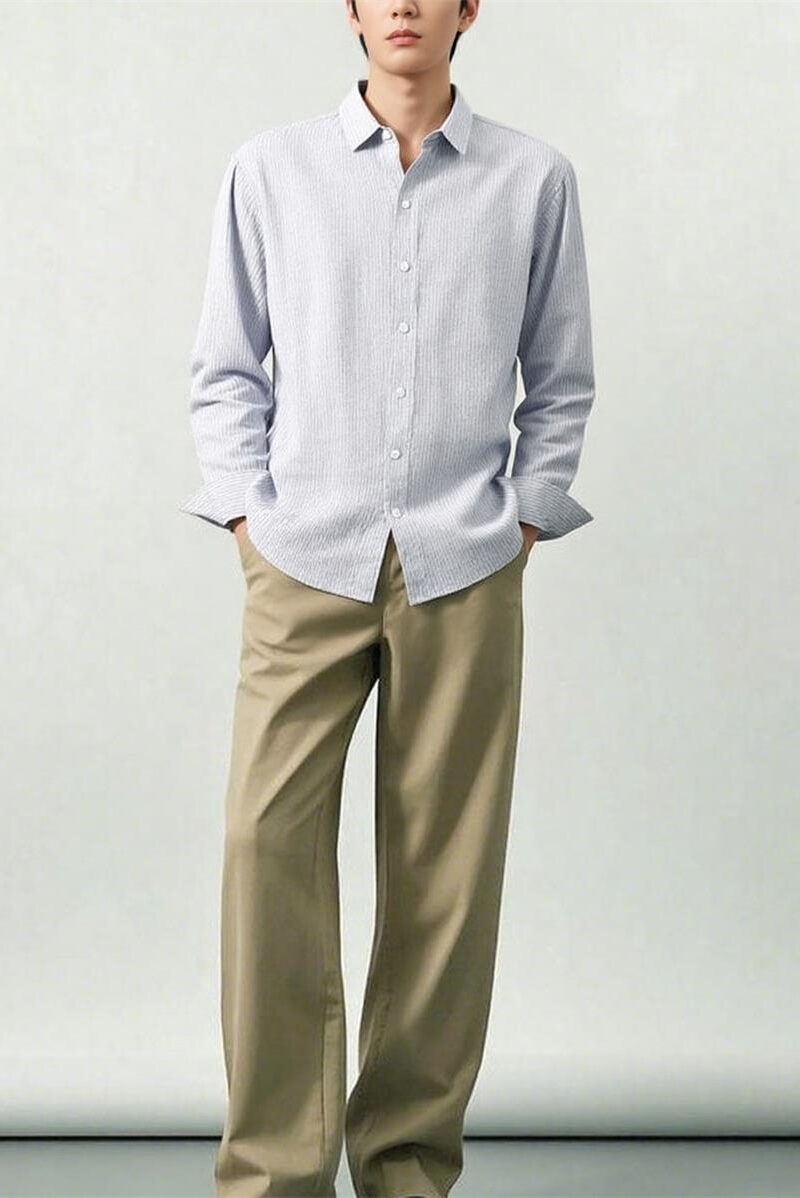 Mens Loose Linen Stripe Long Sleeve Shirt TurnDown Collar Breathable