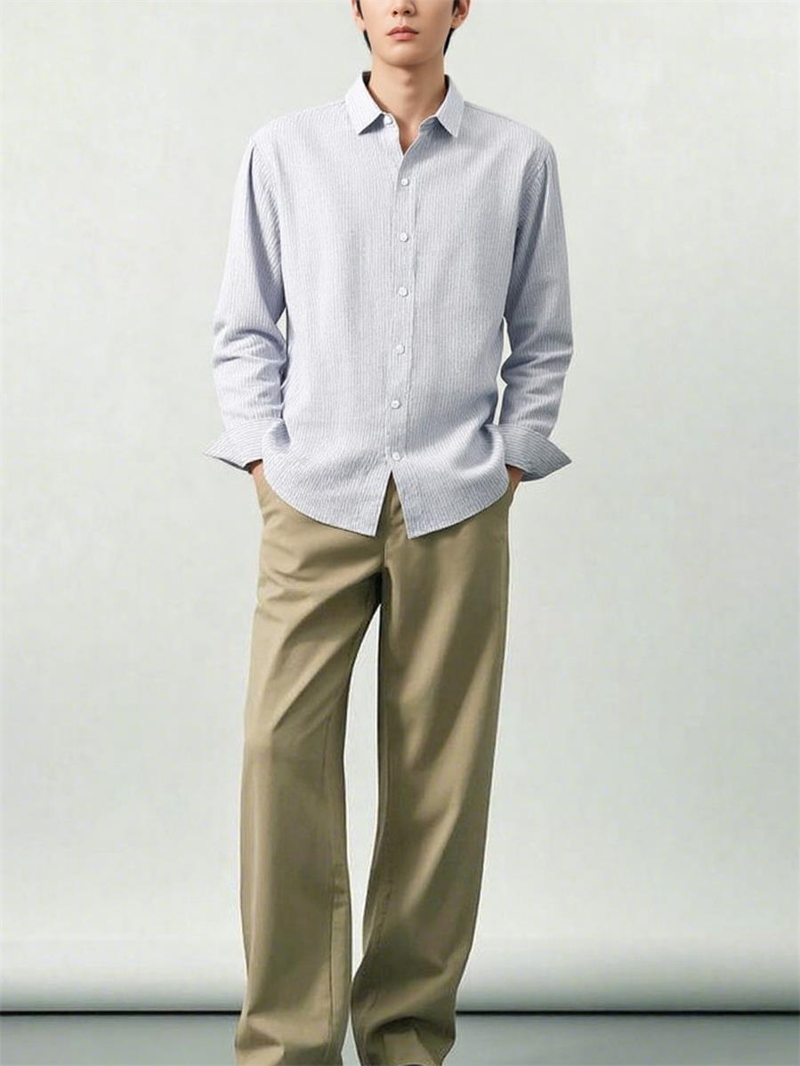 Mens Loose Linen Stripe Long Sleeve Shirt TurnDown Collar Breathable