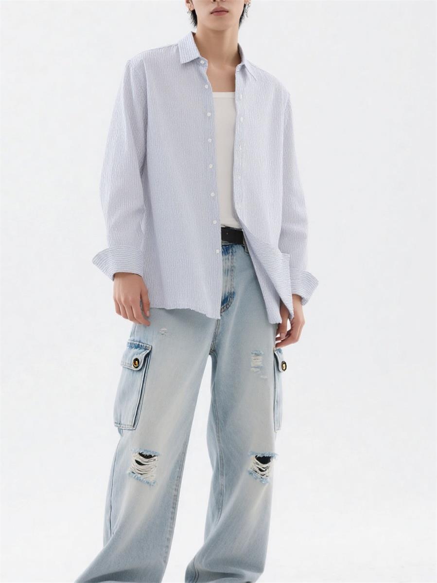 Mens Loose Linen Stripe Long Sleeve Shirt TurnDown Collar Breathable