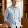 Mens Minimalist Linen Shirt 34 Sleeve V-Neck Breathable Sandwash