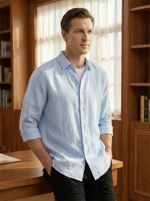 Mens Minimalist Linen Shirt 34 Sleeve V-Neck Breathable Sandwash