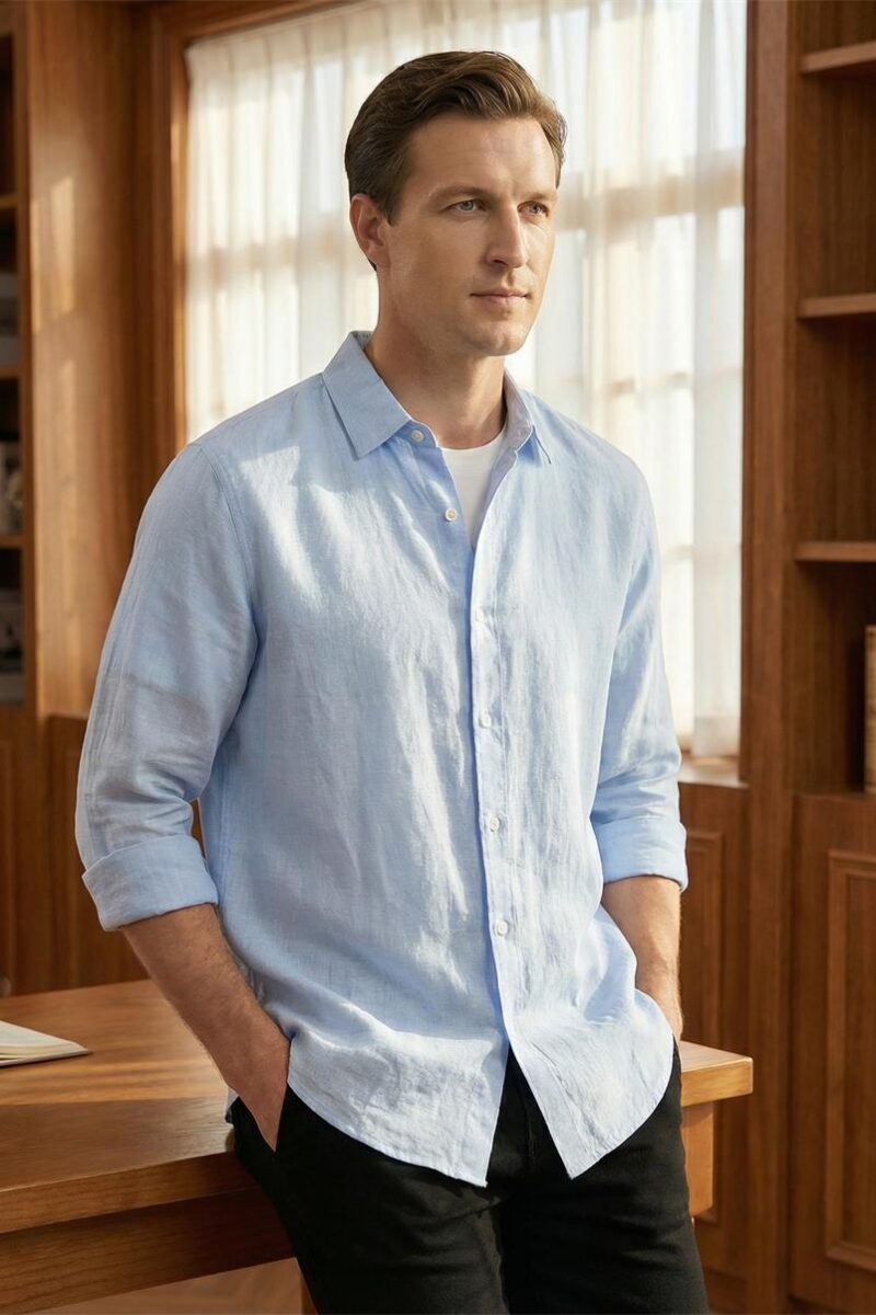 Mens Minimalist Linen Shirt 34 Sleeve V-Neck Breathable Sandwash