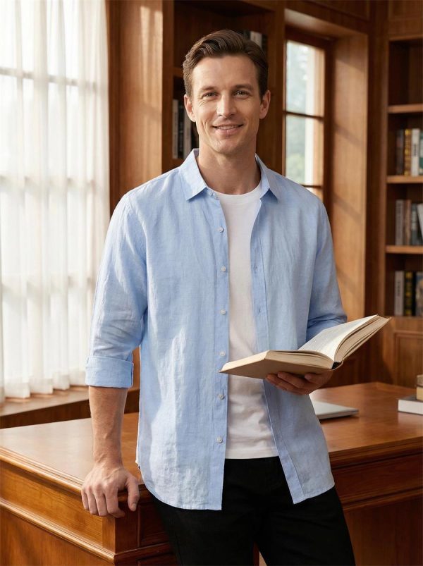 Mens Minimalist Linen Shirt 34 Sleeve V-Neck Breathable Sandwash