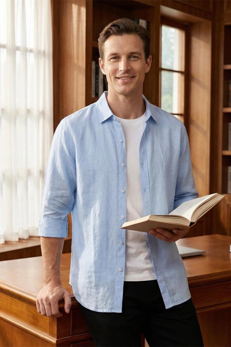 Mens Minimalist Linen Shirt 34 Sleeve V-Neck Breathable Sandwash