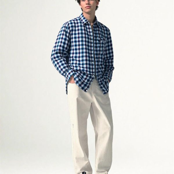 Mens Plaid Linen Long Sleeve Loose Breathable Navy White Check Shirt