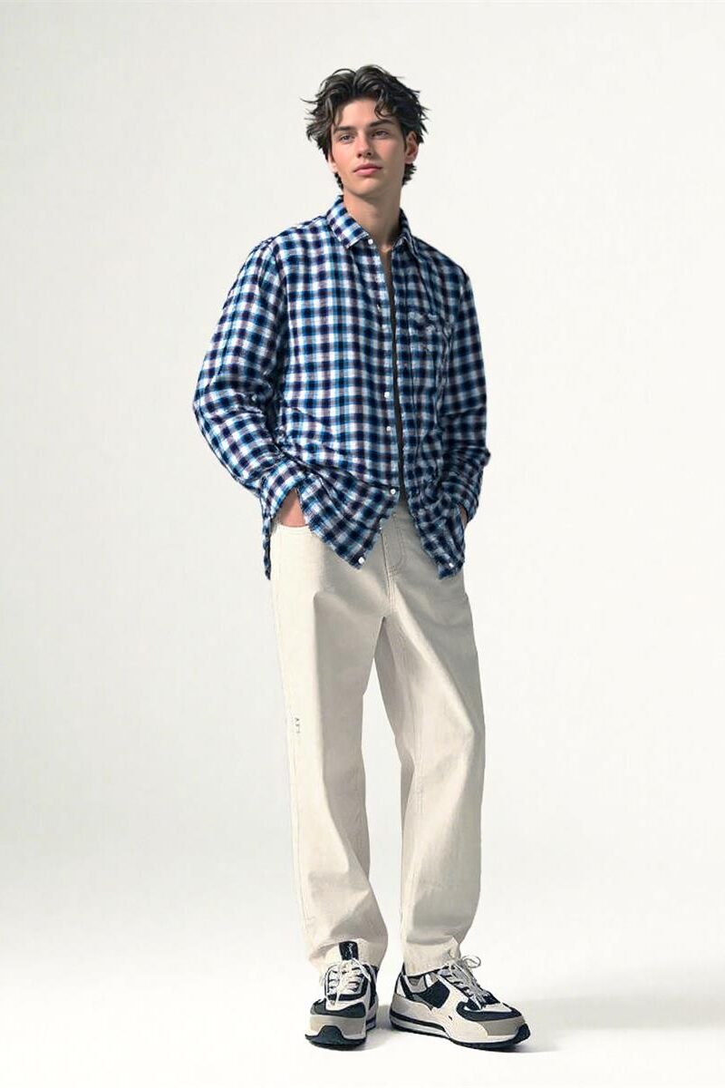 Mens Plaid Linen Long Sleeve Loose Breathable Navy White Check Shirt