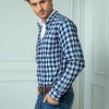 Mens Plaid Linen Long Sleeve Loose Breathable Navy White Check Shirt