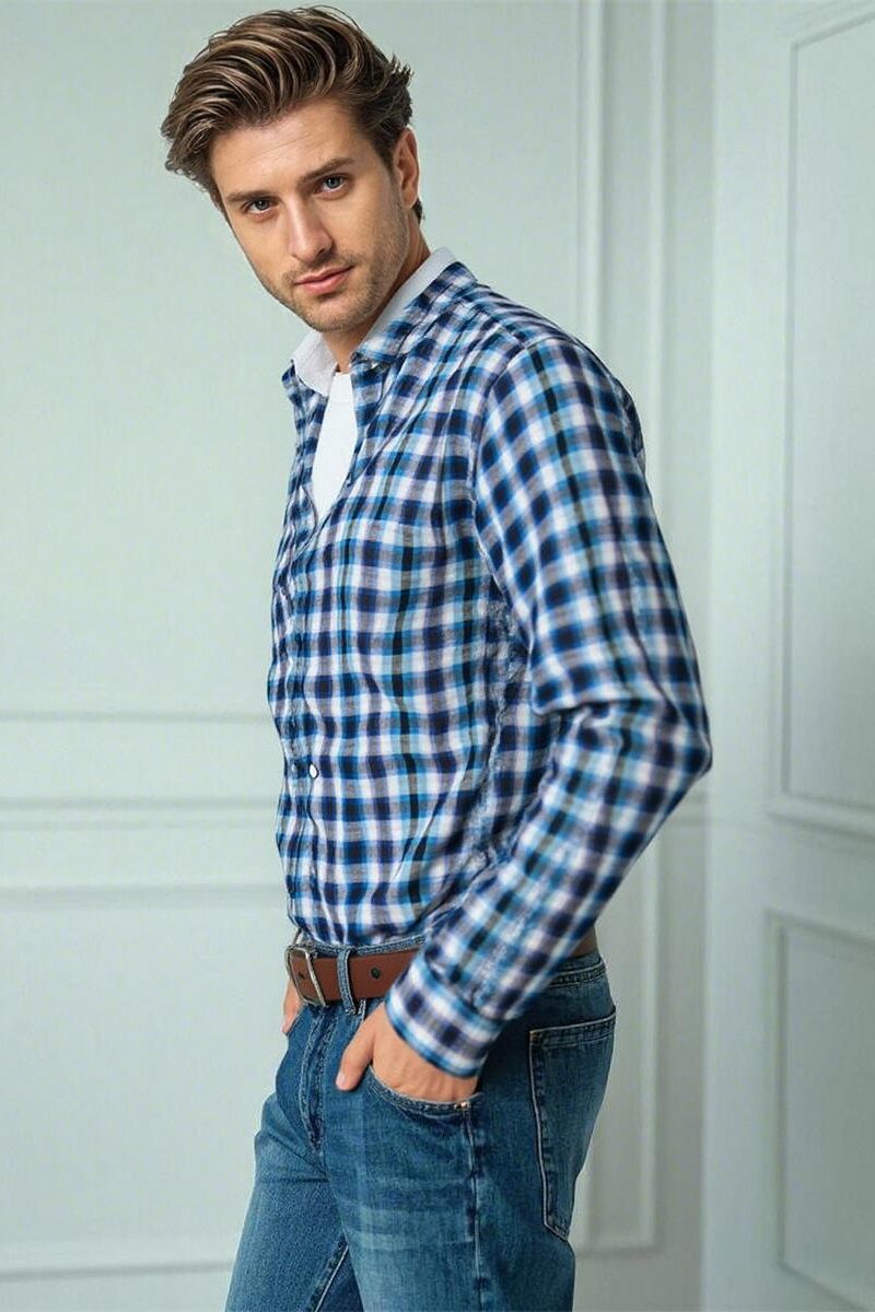 Mens Plaid Linen Long Sleeve Loose Breathable Navy White Check Shirt