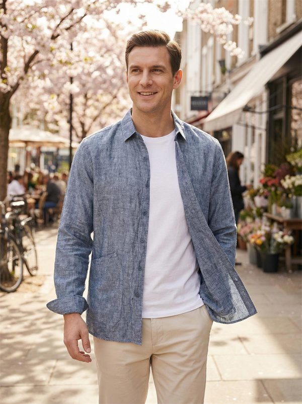 Mens Relaxed Linen Shirt ButtonDown Long Sleeve Breathable Pocket
