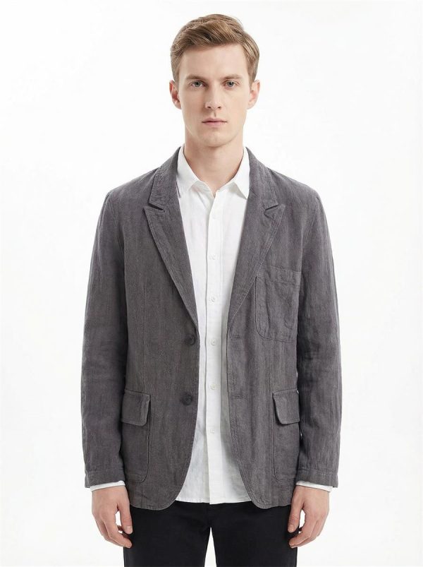 Mens Stonewash Linen Blazer Breathable Relaxed Multi Pocket Casual