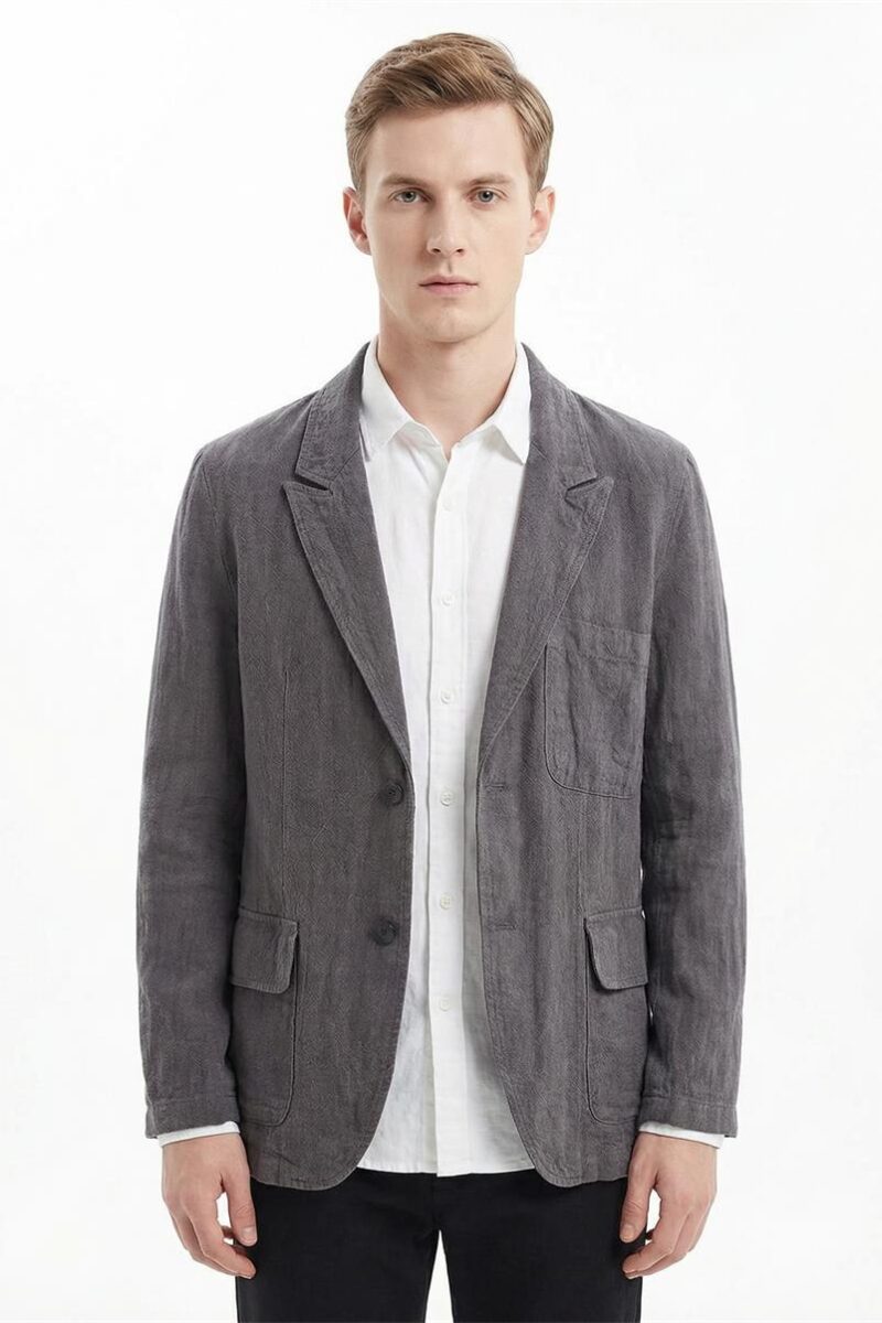 Mens Stonewash Linen Blazer Breathable Relaxed Multi Pocket Casual