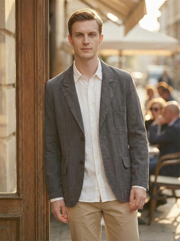 Mens Stonewash Linen Blazer Breathable Relaxed Multi Pocket Casual