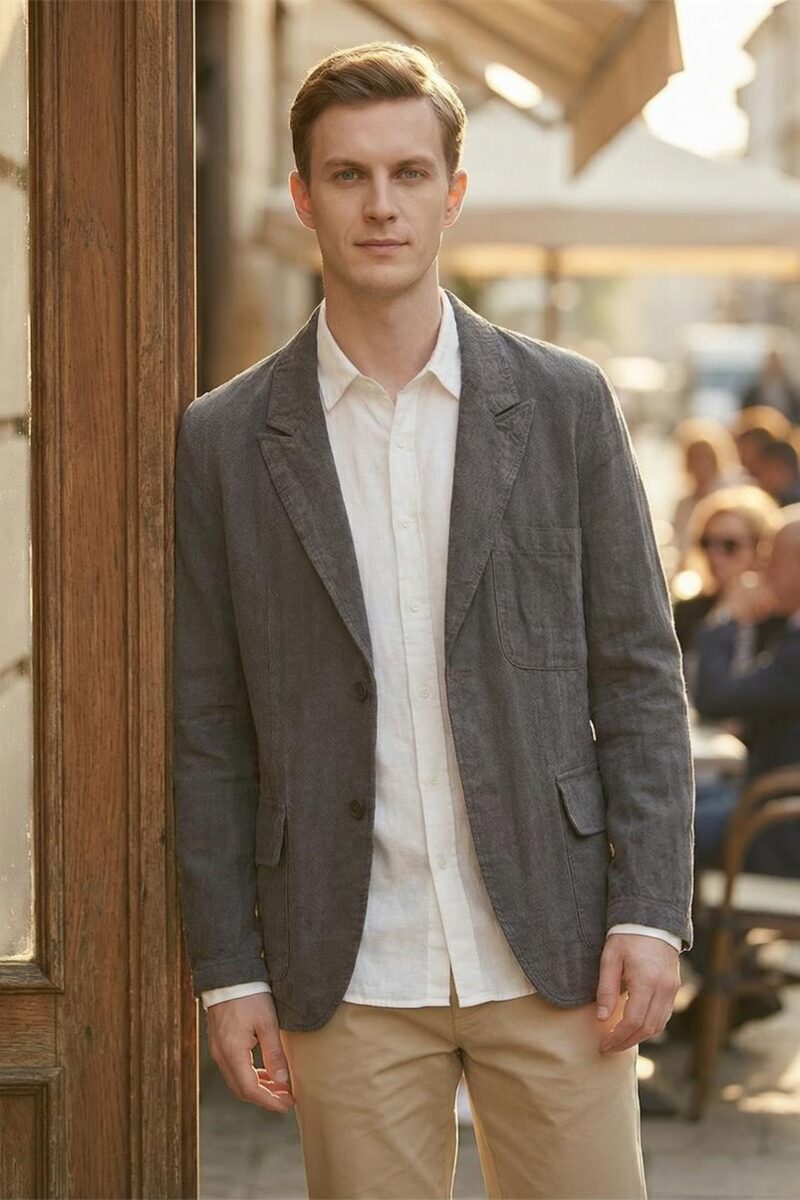 Mens Stonewash Linen Blazer Breathable Relaxed Multi Pocket Casual