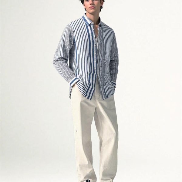 Mens Striped Linen Long Sleeve Button Down Loose Breathable Shirt