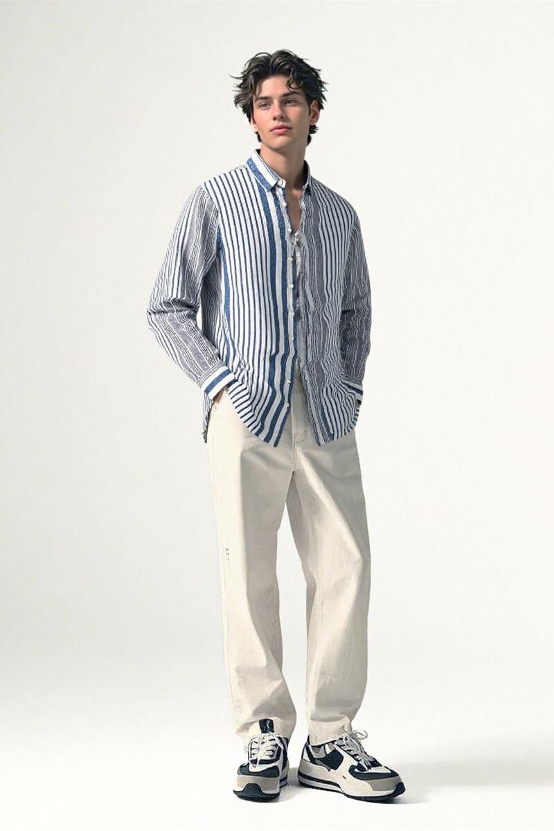 Mens Striped Linen Long Sleeve Button Down Loose Breathable Shirt