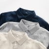 Mens Linen Shirt Loose Long Sleeve Pointed Collar Stone Washed Casual