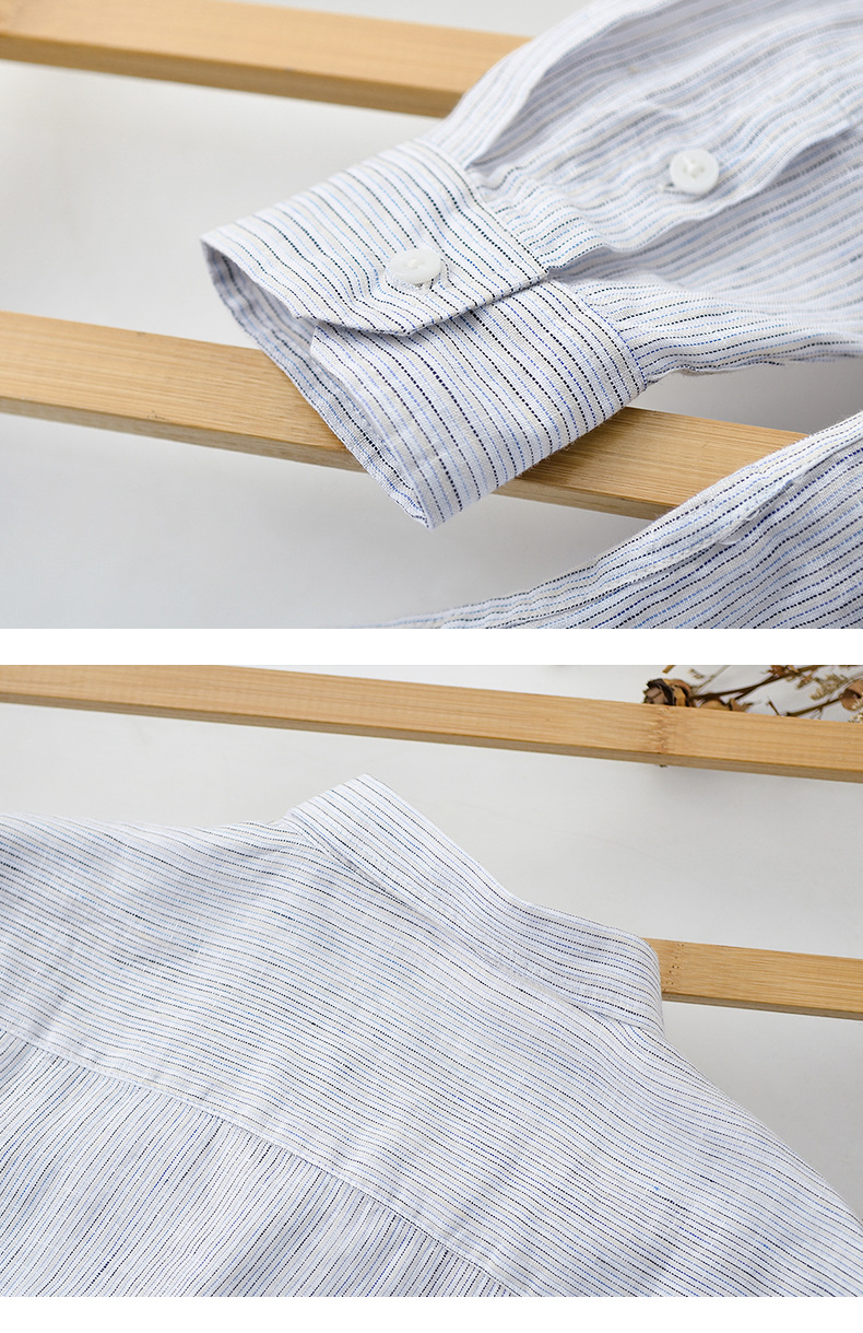 Mens Loose Linen Stripe Long Sleeve Shirt TurnDown Collar Breathable