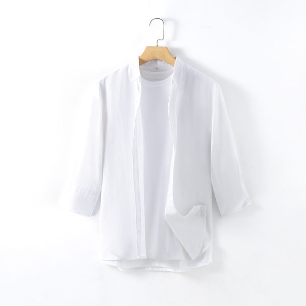 Mens Minimalist Linen Shirt 3/4 Sleeve V-Neck Breathable Sandwash