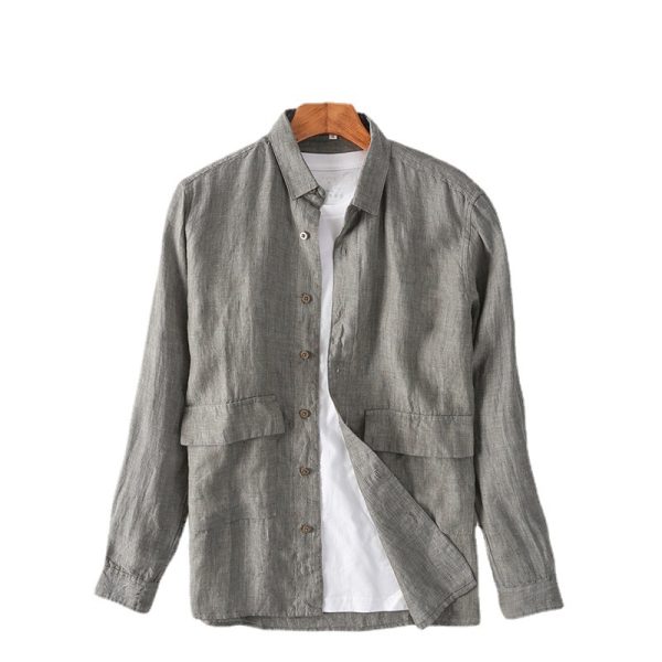 Mens Linen Shirt Loose Breathable Minimalist Long Sleeve Button Pockets