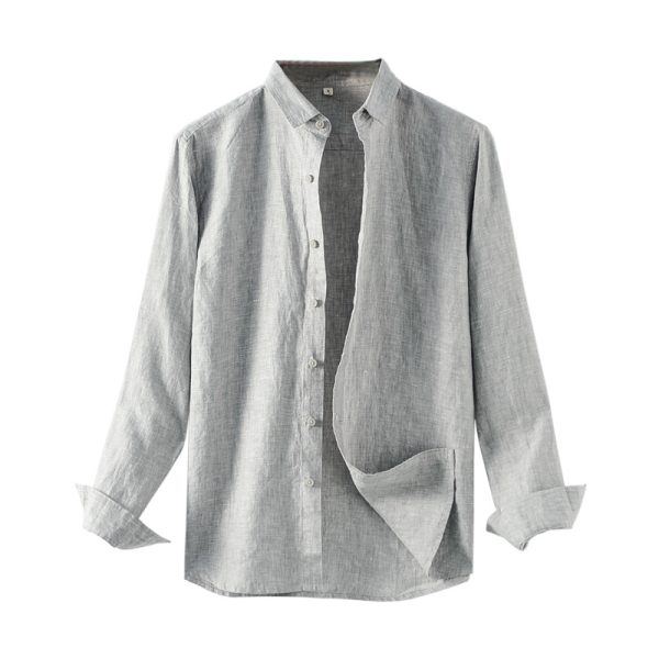 Mens Linen Shirt Loose Long Sleeve Pointed Collar Stone Washed Casual