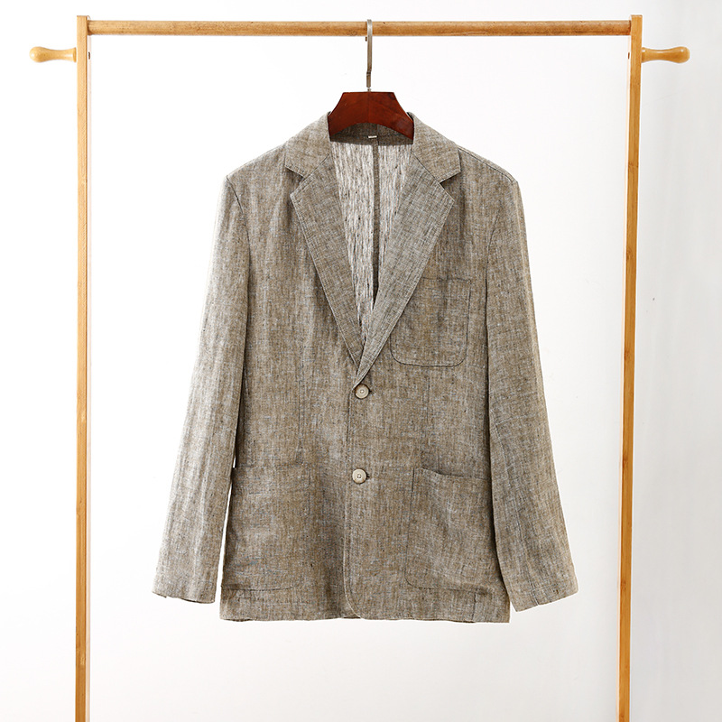 Mens Linen Blazer Breathable Loose Fit Khaki Multi Pocket Casual Jacket