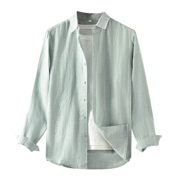 Mens Linen Shirt Long Sleeve Loose Fit Spread Collar Solid Breathable