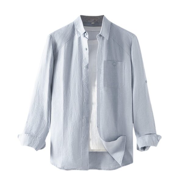 Mens Loose Linen Long Sleeve Shirt Turn-down Breathable Stone Wash