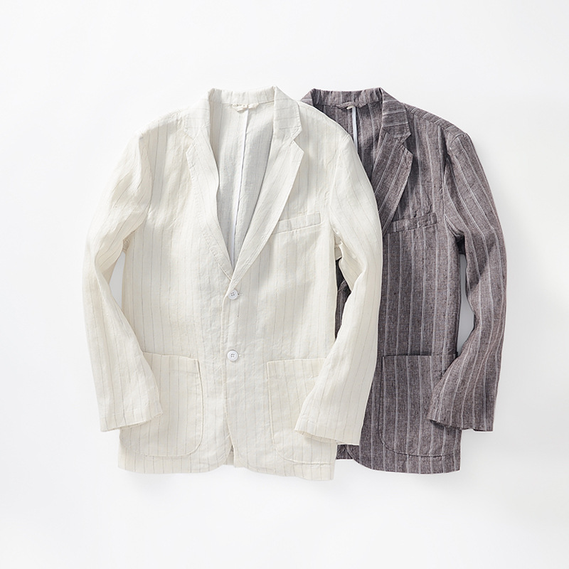 Mens Linen Striped Casual Blazer Loose Fit Breathable