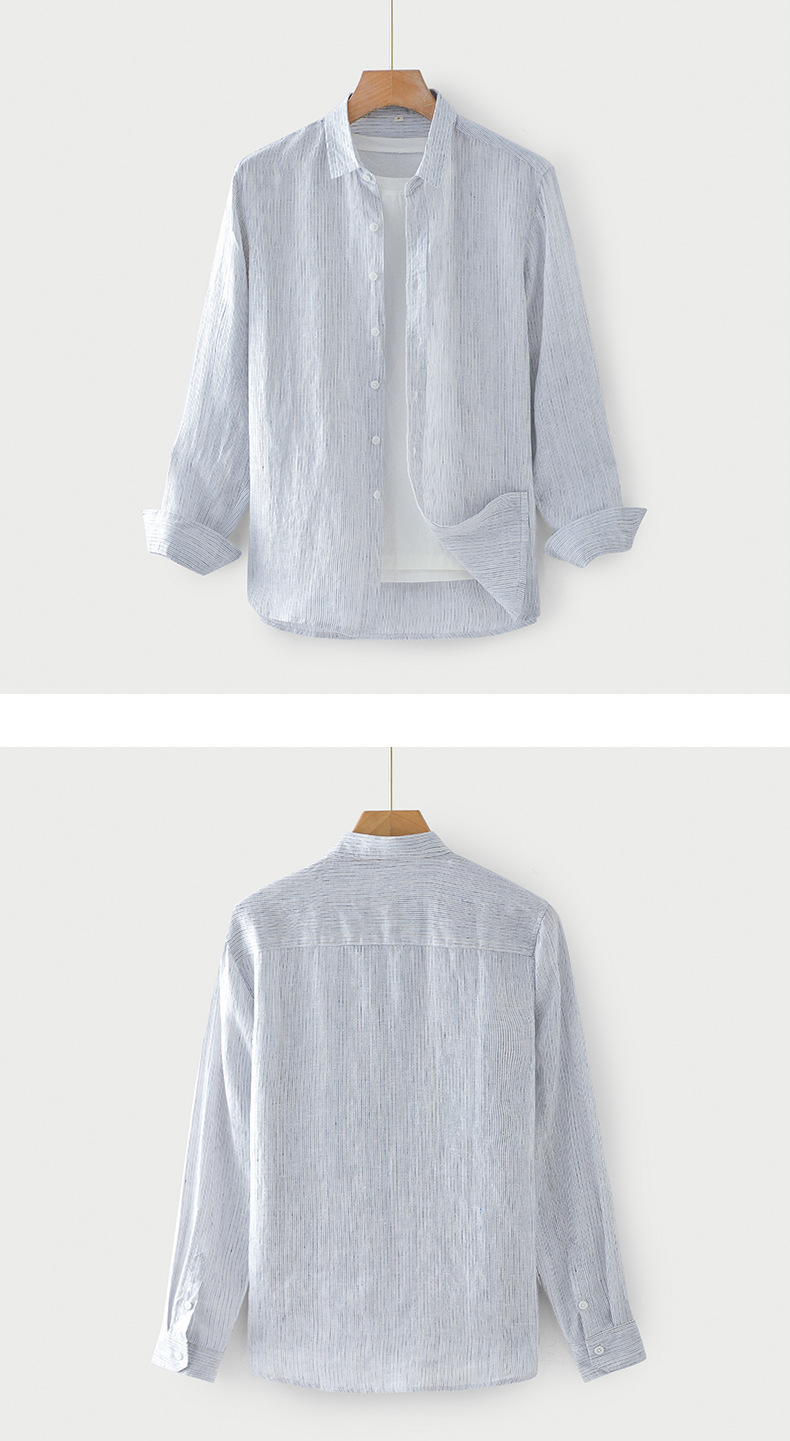 Mens Loose Linen Stripe Long Sleeve Shirt TurnDown Collar Breathable