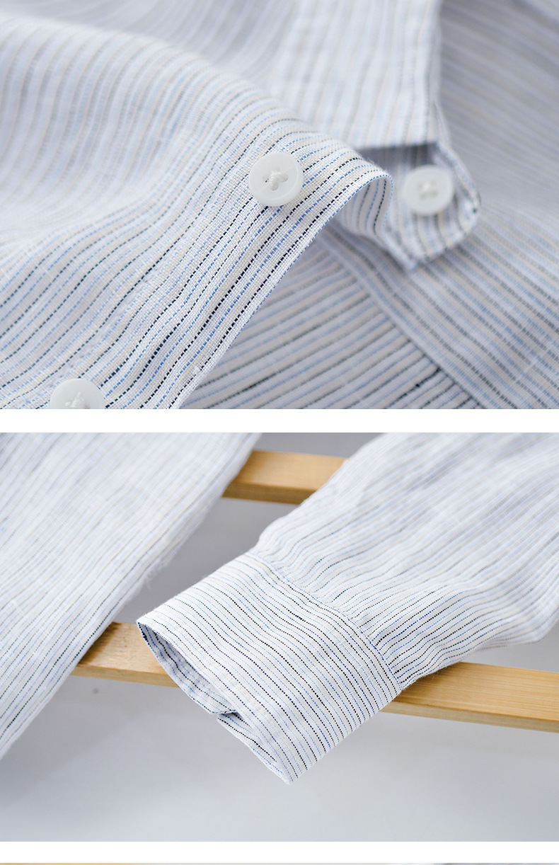 Mens Loose Linen Stripe Long Sleeve Shirt TurnDown Collar Breathable