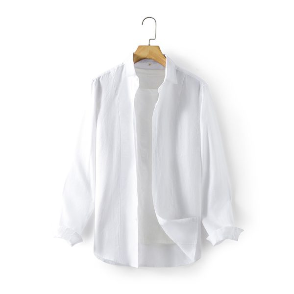 Mens Linen Shirt Long Sleeve Loose Fit Spread Collar Solid Breathable