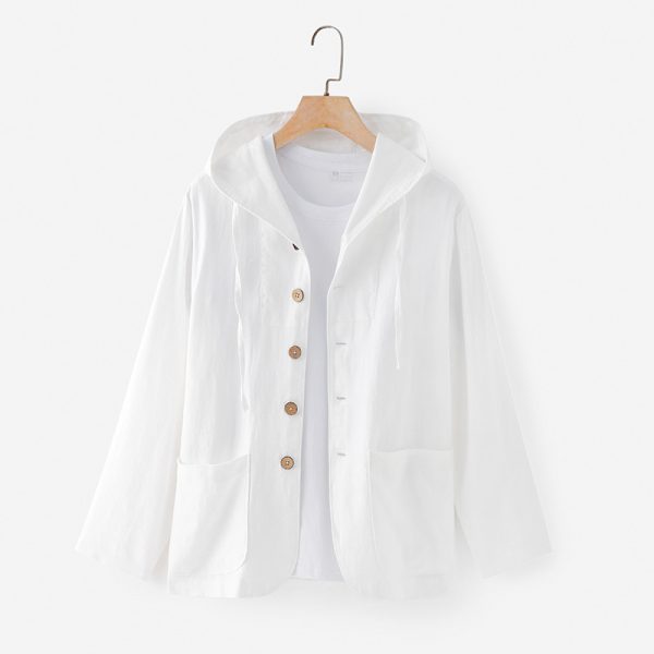 Mens Linen Hooded Shirt Loose Breathable Casual SandWashed Pocket