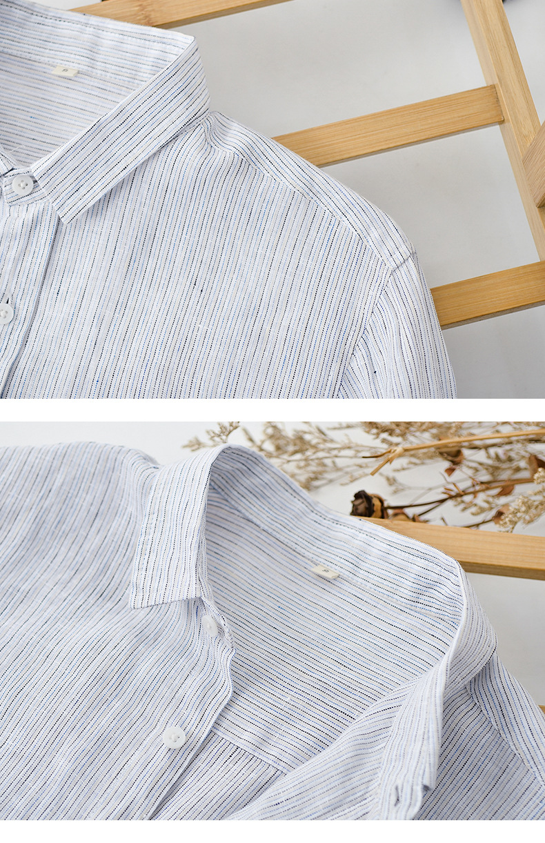 Mens Loose Linen Stripe Long Sleeve Shirt TurnDown Collar Breathable