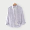 Mens Loose Linen Stripe Long Sleeve Shirt TurnDown Collar Breathable