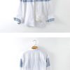 Mens Colorblock Linen Shirt LS Loose Airy White Blue