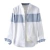 Mens Colorblock Linen Shirt LS Loose Airy White Blue