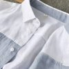 Mens Colorblock Linen Shirt LS Loose Airy White Blue