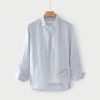 Mens Loose Linen Stripe Long Sleeve Shirt TurnDown Collar Breathable
